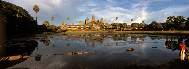 Angkor Wat reflected in the lake in the late afternoon, Angkor Temple Complex, Siem Reap