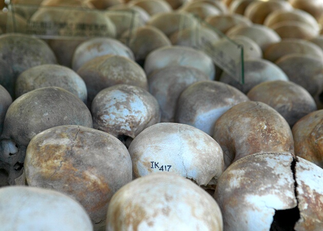 Human skulls at at Choeung Ek, sometimes called the Killing Fields, near Phnom Penh, Cambodia