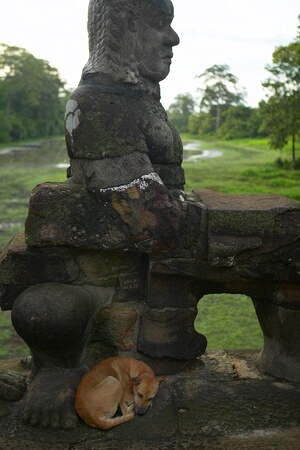Dog sleeping at the feet of one of the demons at the South Gate of Angkor Thom, Siem Reap, Cambodia