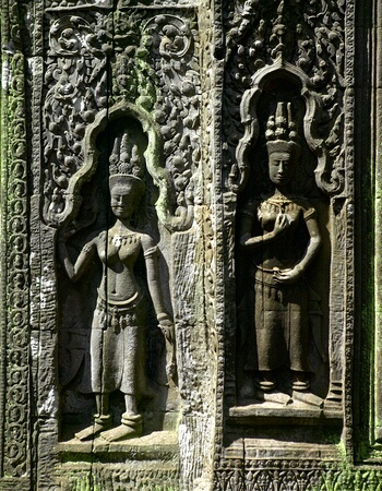 Bas relief of Apsaras (dancers) at Ta Prohm Temple, Angkor Complex, Cambodia